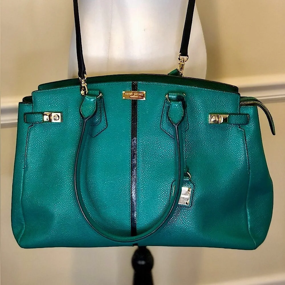 HENRI BENDEL Teal Caviar Carlyle Leather Tote Shoulder Bag Wallet & Strap SET